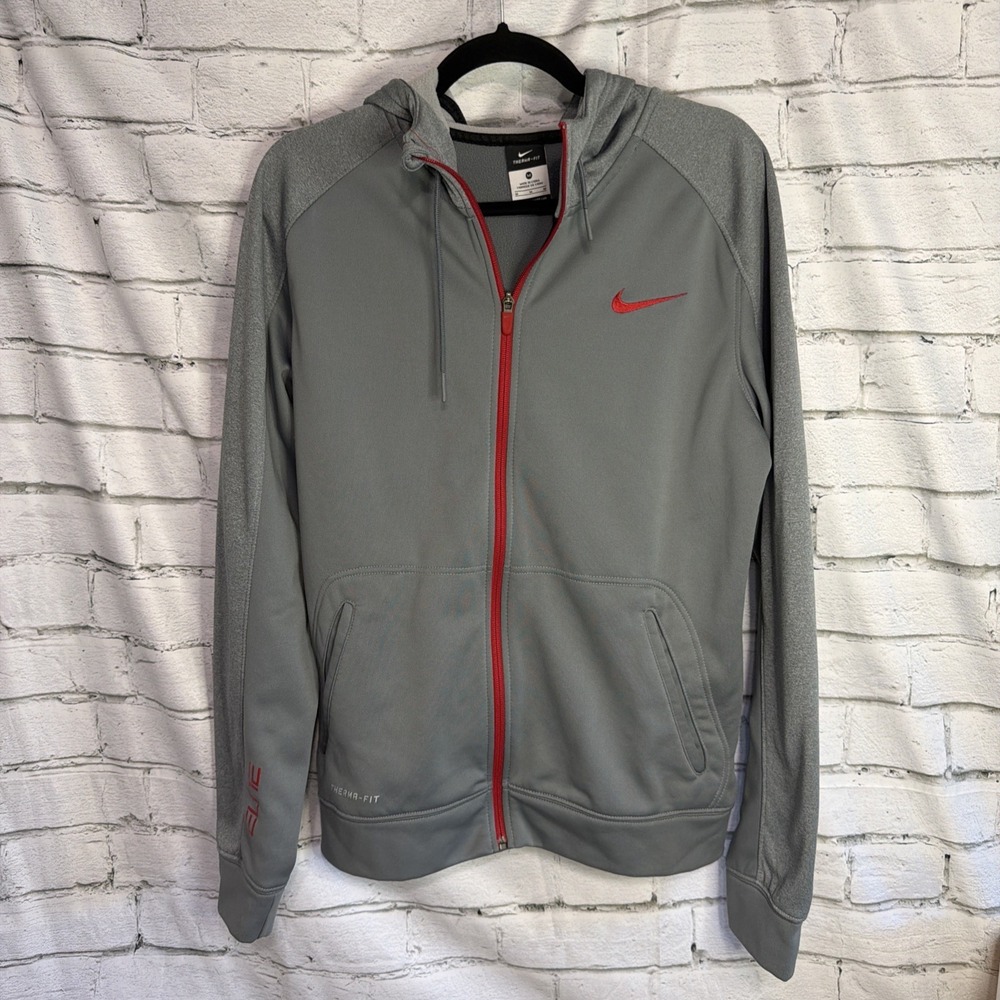 Nike Elite Therma Fit Hoodie Mens Med Gray Red Full Zip Fleece Jacket Training